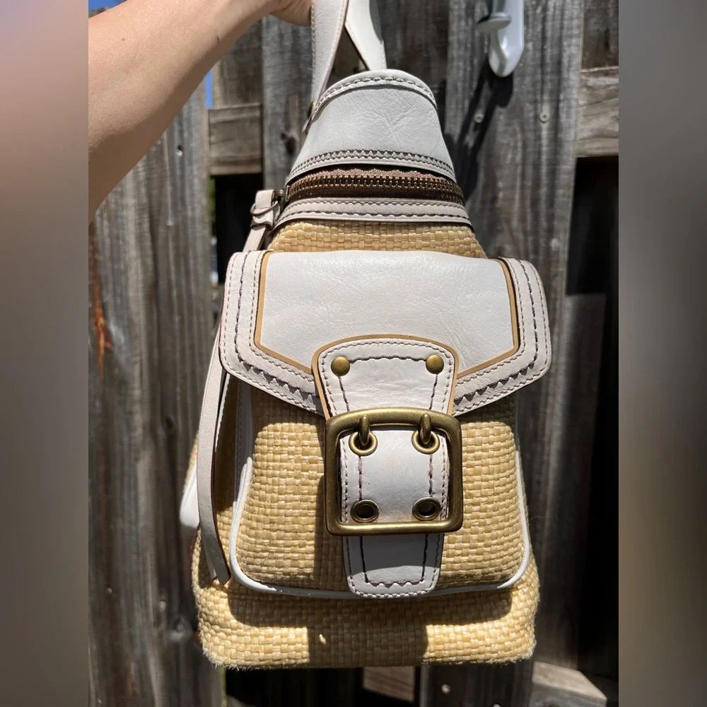 Coach Large Legacy Tote in White Leather & Natural Straw